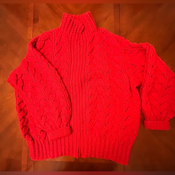 Hand Crafted Sweaters - Vintage Chunky Red Braided Cable Knit Zip-Up Cardigan Oversized Cotton